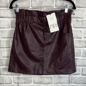 Zara Women's Burgundy Leather Mini Skirt